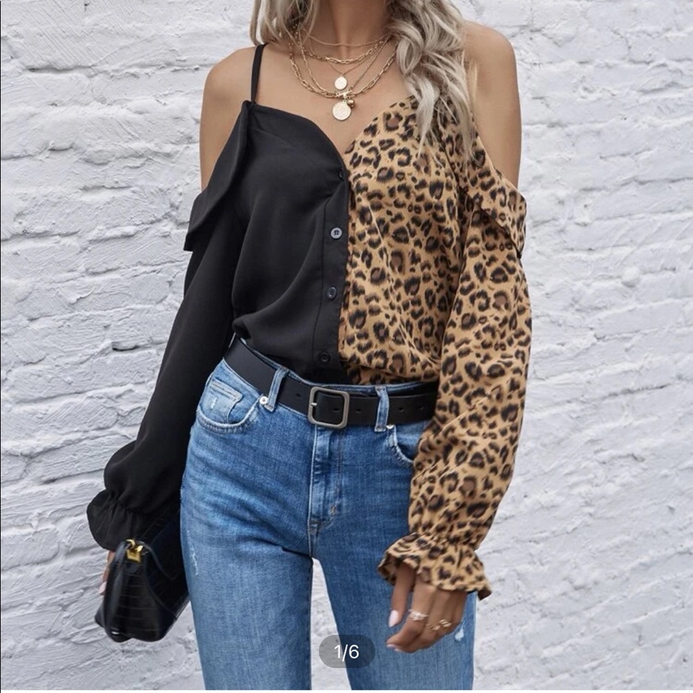 Never worn -Shein leopard print Off the shoulder button up